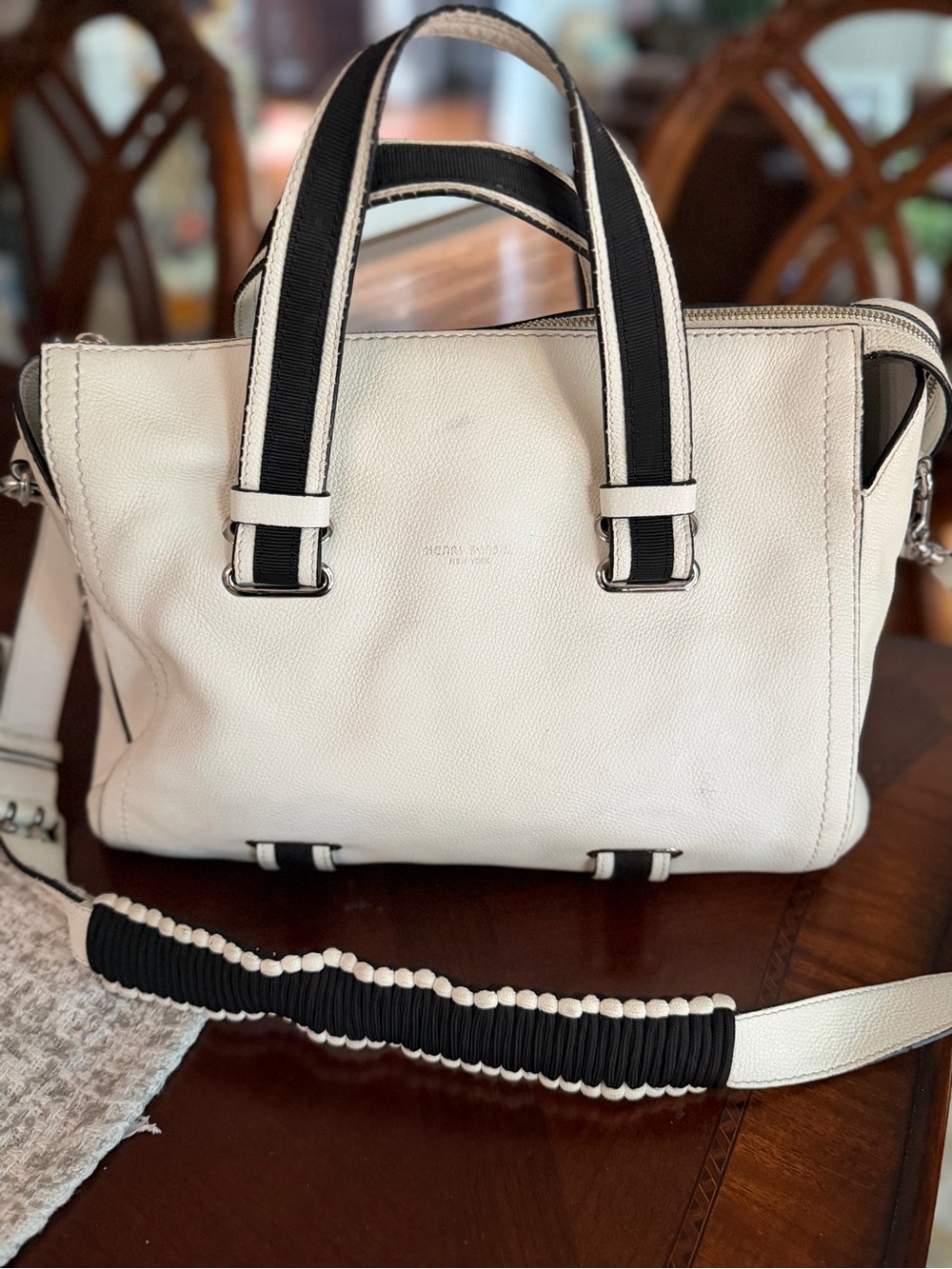 Henri Bendel Spruce Street Satchel Crossbody Leather White & Black GUC
